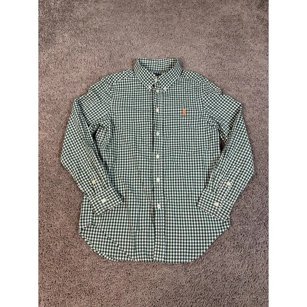 Ralph Lauren Shirt Boys M Green Long Sleeve Button-Up Collared Embroidered Pony